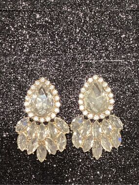 Clear Crystal Teardrop Cluster Earrings - Gold Setting
